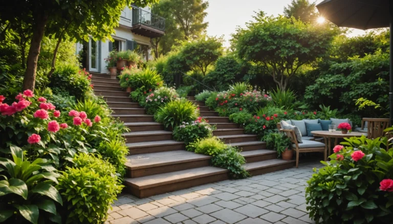 terrasse avec escaliers vers le jardin