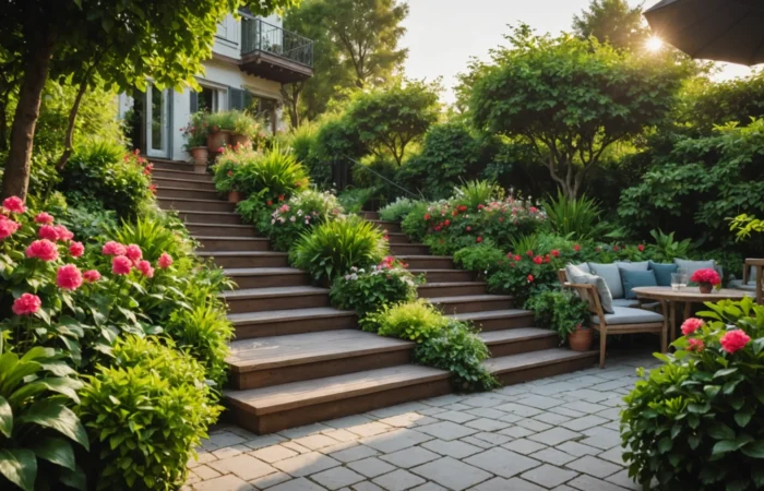 terrasse avec escaliers vers le jardin